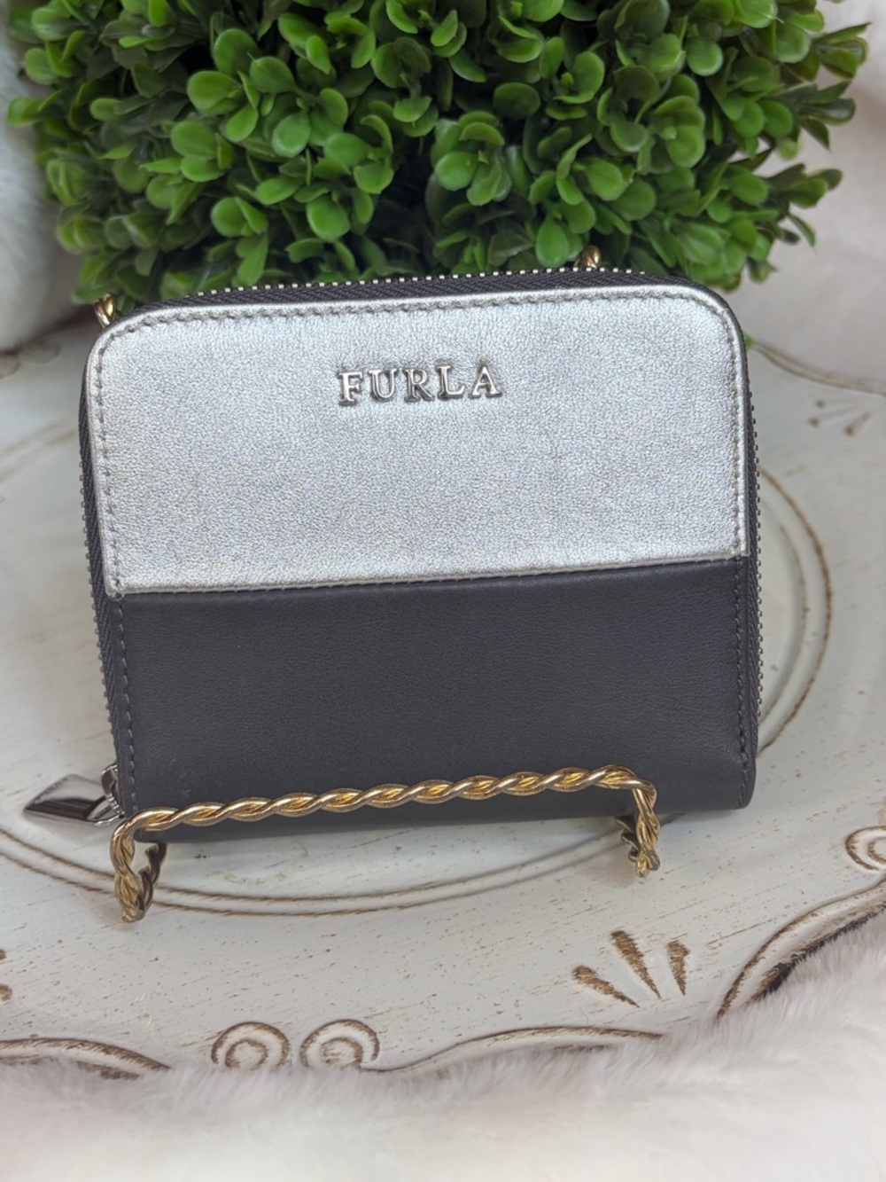 Furla Silver and Gray color block zippy Wallet with shopper tote